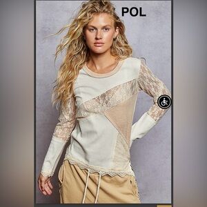 BP218-5🤍POL pretty Cream close-fit Lace Patchwork Top-literally goes w/anything!